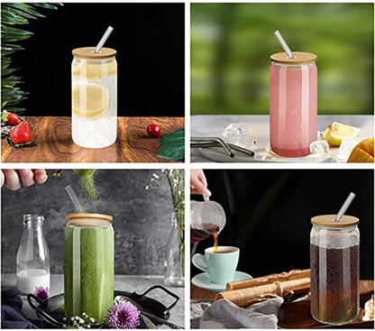 2-Pack can Water Cups 5.9 Inch Clear Portable Drinking Cups with Bamboo Lids and Leakproof Straws for Iced Tea Coffee and Milk