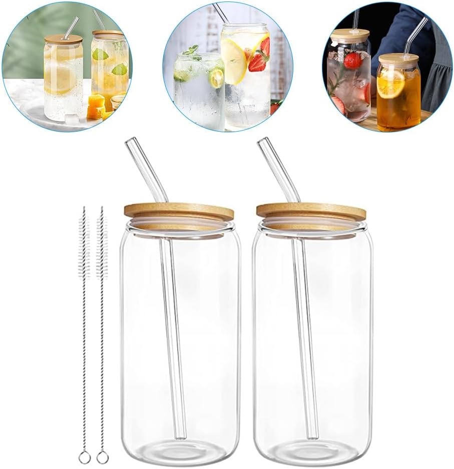 2-Pack can Water Cups 5.9 Inch Clear Portable Drinking Cups with Bamboo Lids and Leakproof Straws for Iced Tea Coffee and Milk