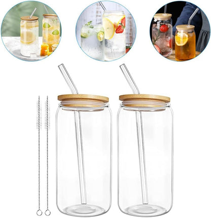 2-Pack can Water Cups 5.9 Inch Clear Portable Drinking Cups with Bamboo Lids and Leakproof Straws for Iced Tea Coffee and Milk