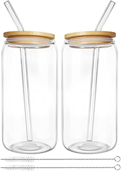 2-Pack can Water Cups 5.9 Inch Clear Portable Drinking Cups with Bamboo Lids and Leakproof Straws for Iced Tea Coffee and Milk