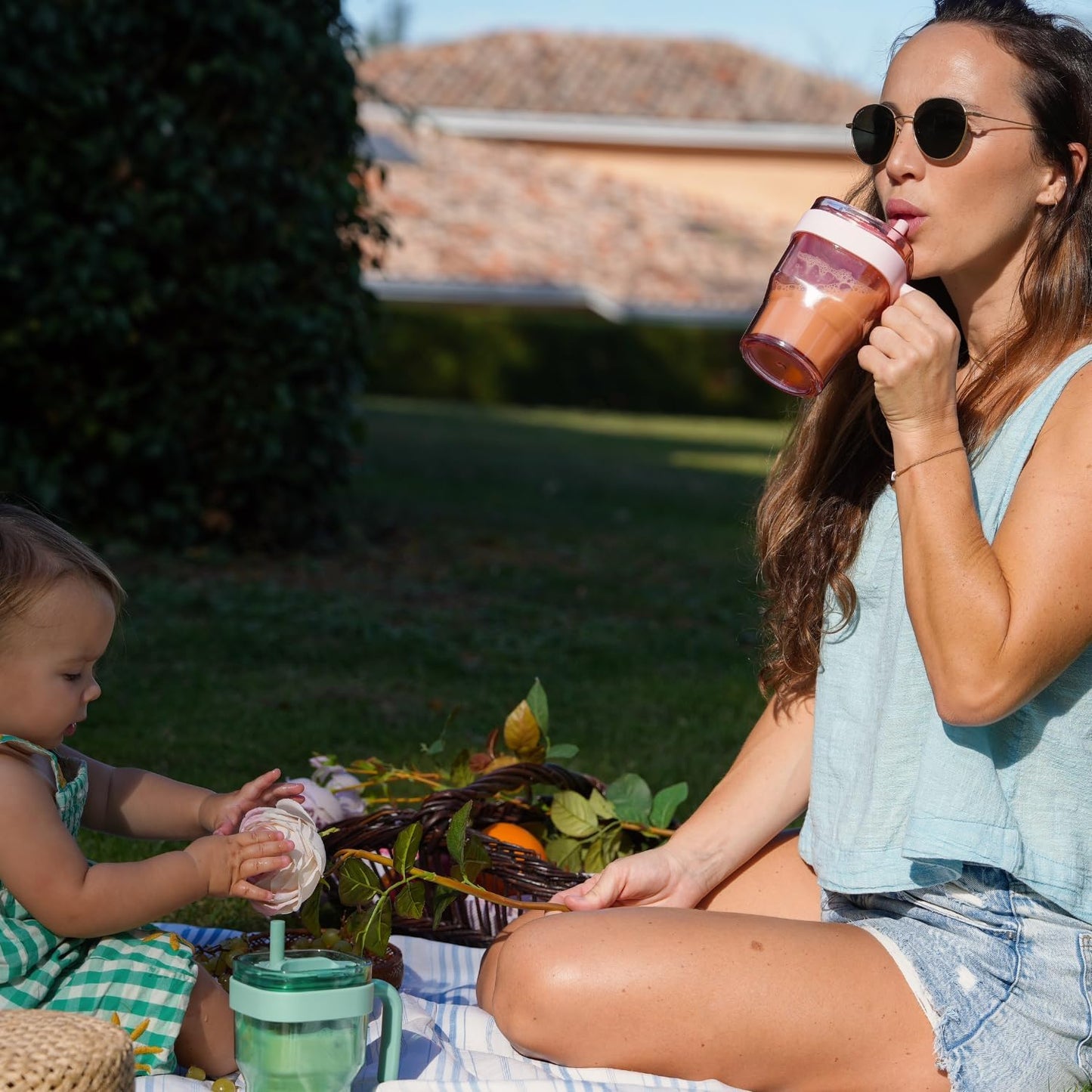 15oz Leakproof Straw Tumbler with Lid and Straw Double Wall Slim Coffee Cup Reusable BPA Free Plastic Travel Mug Integrated Handle Dishwasher Safe