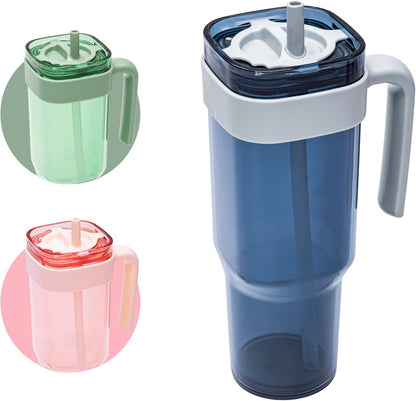 15oz Leakproof Straw Tumbler with Lid and Straw Double Wall Slim Coffee Cup Reusable BPA Free Plastic Travel Mug Integrated Handle Dishwasher Safe