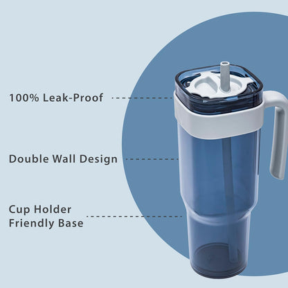 15oz Leakproof Straw Tumbler with Lid and Straw Double Wall Slim Coffee Cup Reusable BPA Free Plastic Travel Mug Integrated Handle Dishwasher Safe