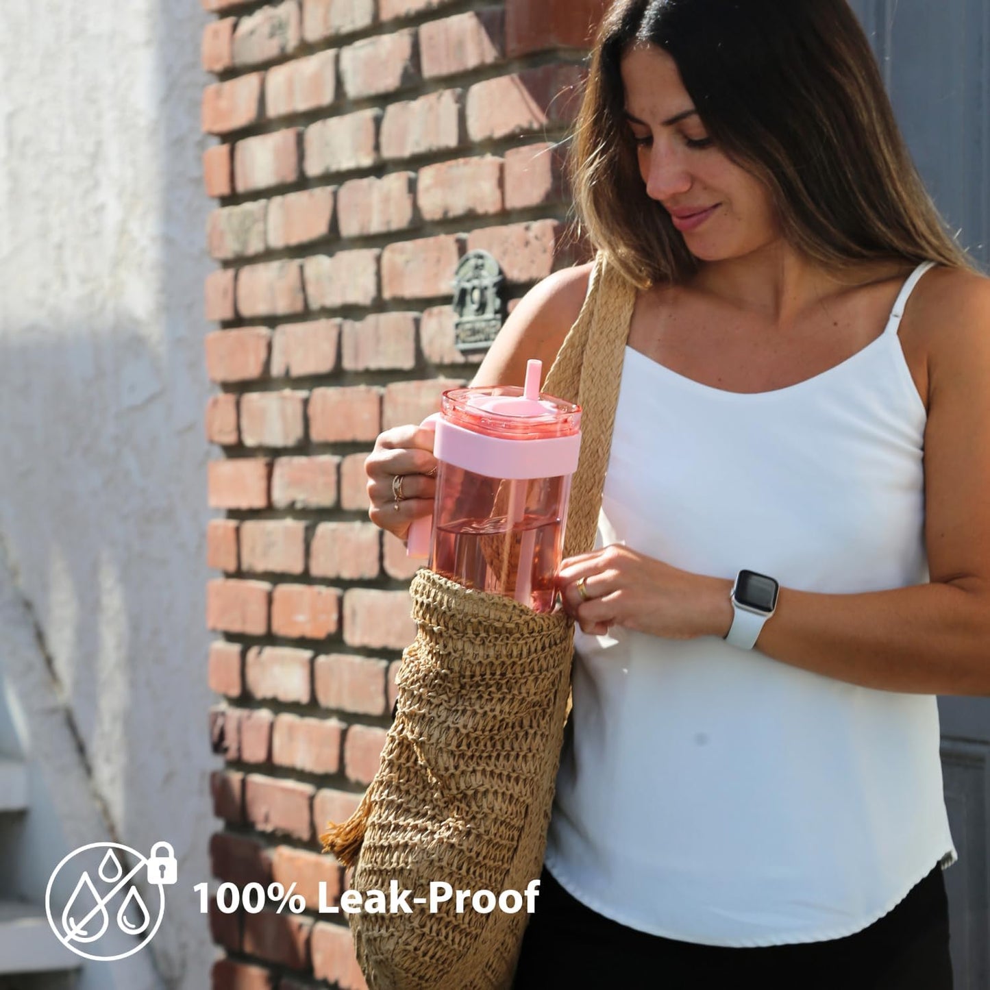 15oz Leakproof Straw Tumbler with Lid and Straw Double Wall Slim Coffee Cup Reusable BPA Free Plastic Travel Mug Integrated Handle Dishwasher Safe