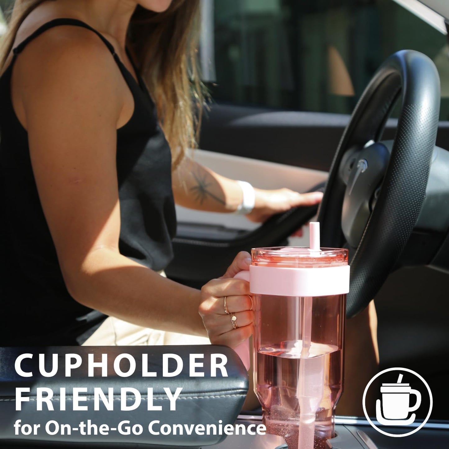 15oz Leakproof Straw Tumbler with Lid and Straw Double Wall Slim Coffee Cup Reusable BPA Free Plastic Travel Mug Integrated Handle Dishwasher Safe