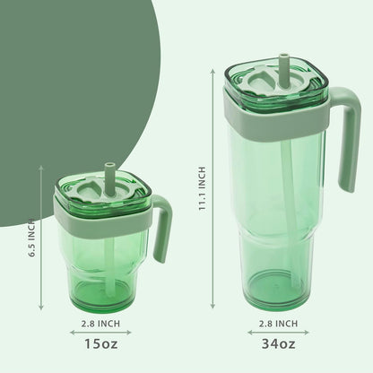 15oz Leakproof Straw Tumbler with Lid and Straw Double Wall Slim Coffee Cup Reusable BPA Free Plastic Travel Mug Integrated Handle Dishwasher Safe