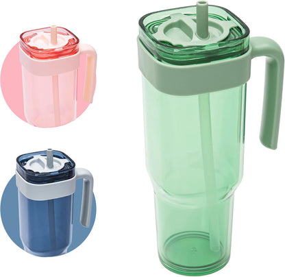 15oz Leakproof Straw Tumbler with Lid and Straw Double Wall Slim Coffee Cup Reusable BPA Free Plastic Travel Mug Integrated Handle Dishwasher Safe