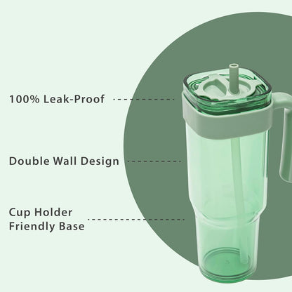 15oz Leakproof Straw Tumbler with Lid and Straw Double Wall Slim Coffee Cup Reusable BPA Free Plastic Travel Mug Integrated Handle Dishwasher Safe