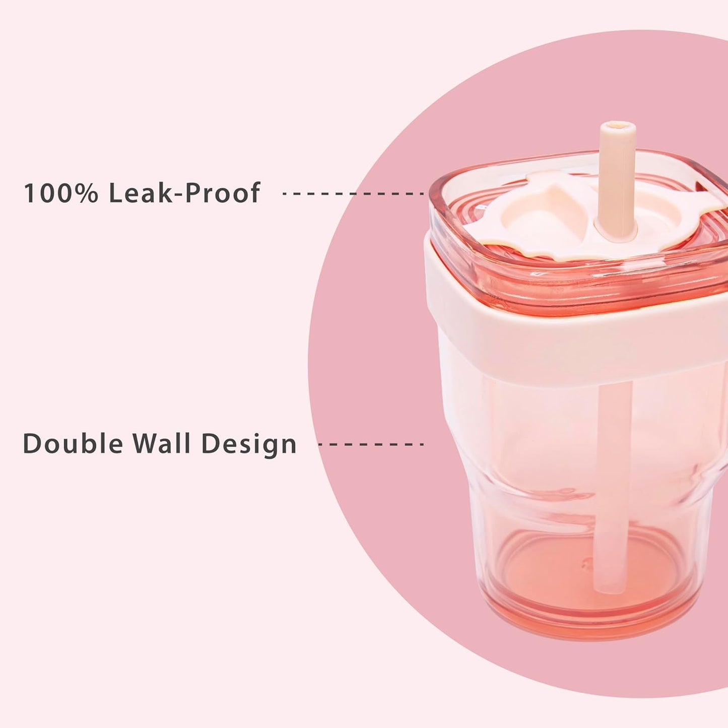 15oz Leakproof Straw Tumbler with Lid and Straw Double Wall Slim Coffee Cup Reusable BPA Free Plastic Travel Mug Integrated Handle Dishwasher Safe