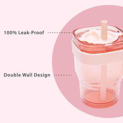 15oz Leakproof Straw Tumbler with Lid and Straw Double Wall Slim Coffee Cup Reusable BPA Free Plastic Travel Mug Integrated Handle Dishwasher Safe
