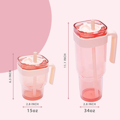 15oz Leakproof Straw Tumbler with Lid and Straw Double Wall Slim Coffee Cup Reusable BPA Free Plastic Travel Mug Integrated Handle Dishwasher Safe