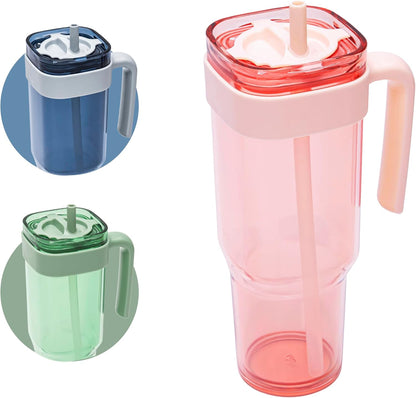15oz Leakproof Straw Tumbler with Lid and Straw Double Wall Slim Coffee Cup Reusable BPA Free Plastic Travel Mug Integrated Handle Dishwasher Safe