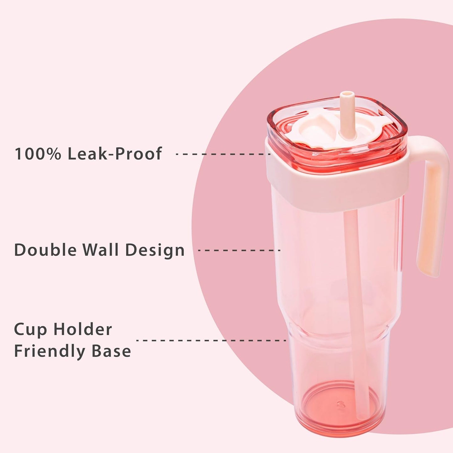 15oz Leakproof Straw Tumbler with Lid and Straw Double Wall Slim Coffee Cup Reusable BPA Free Plastic Travel Mug Integrated Handle Dishwasher Safe