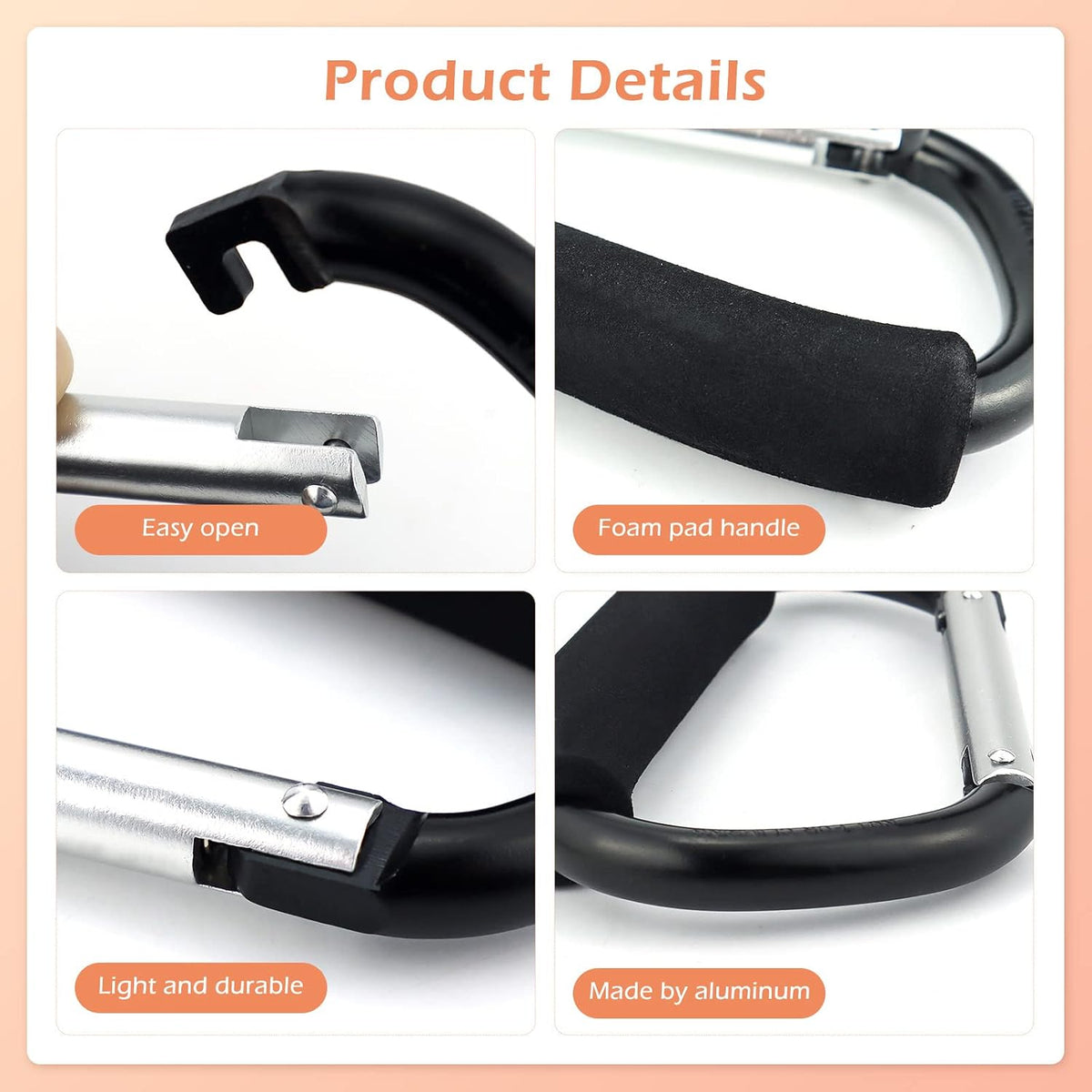 Grocery Bag Shopping Bag Holder Handle Carrier Tool Multi Purpose Snap Hook Stroller Hook Set Organizer Accessories with Soft Foam Grip for Hanging, Pack of 2, Black