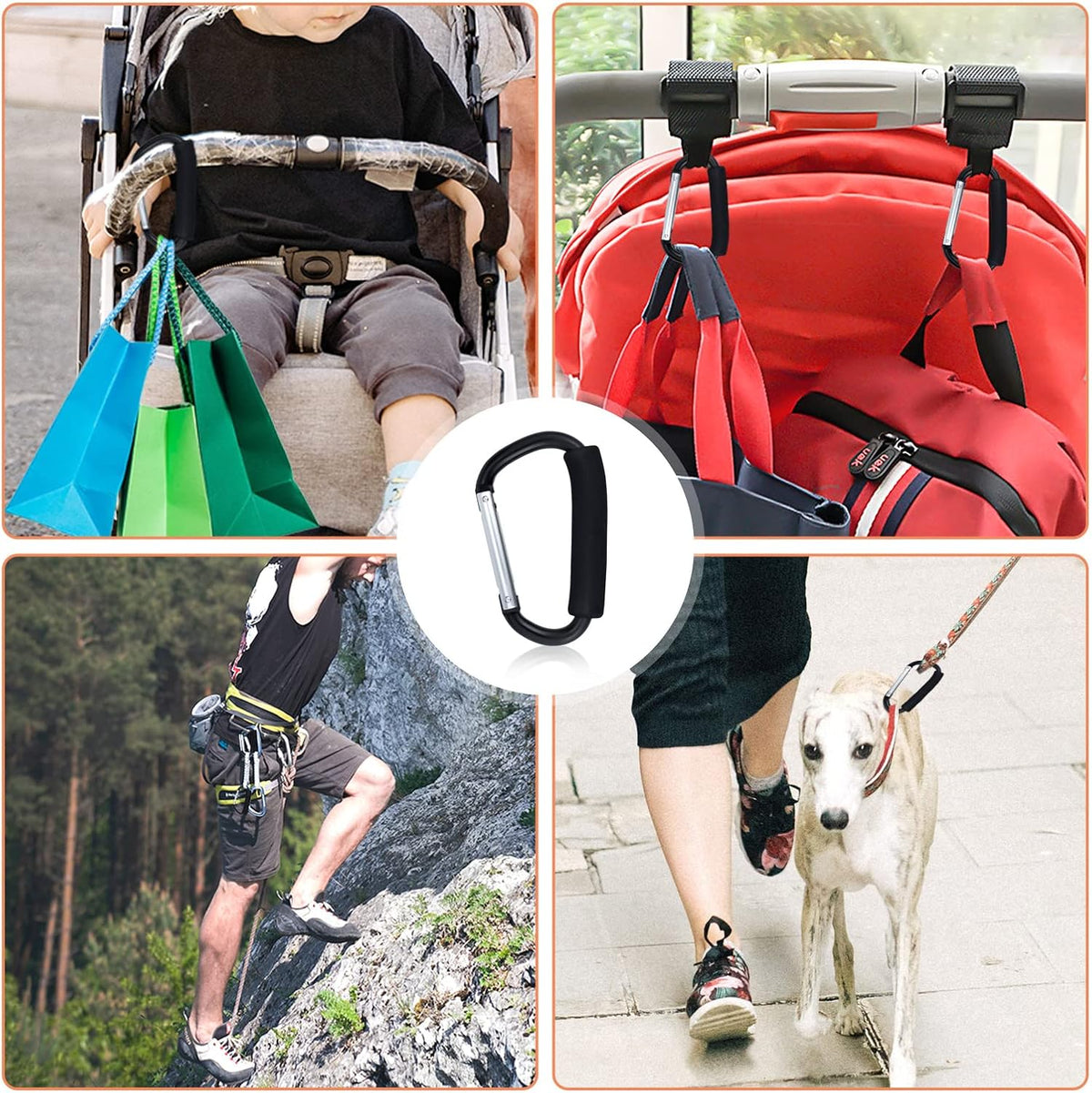 Grocery Bag Shopping Bag Holder Handle Carrier Tool Multi Purpose Snap Hook Stroller Hook Set Organizer Accessories with Soft Foam Grip for Hanging, Pack of 2, Black
