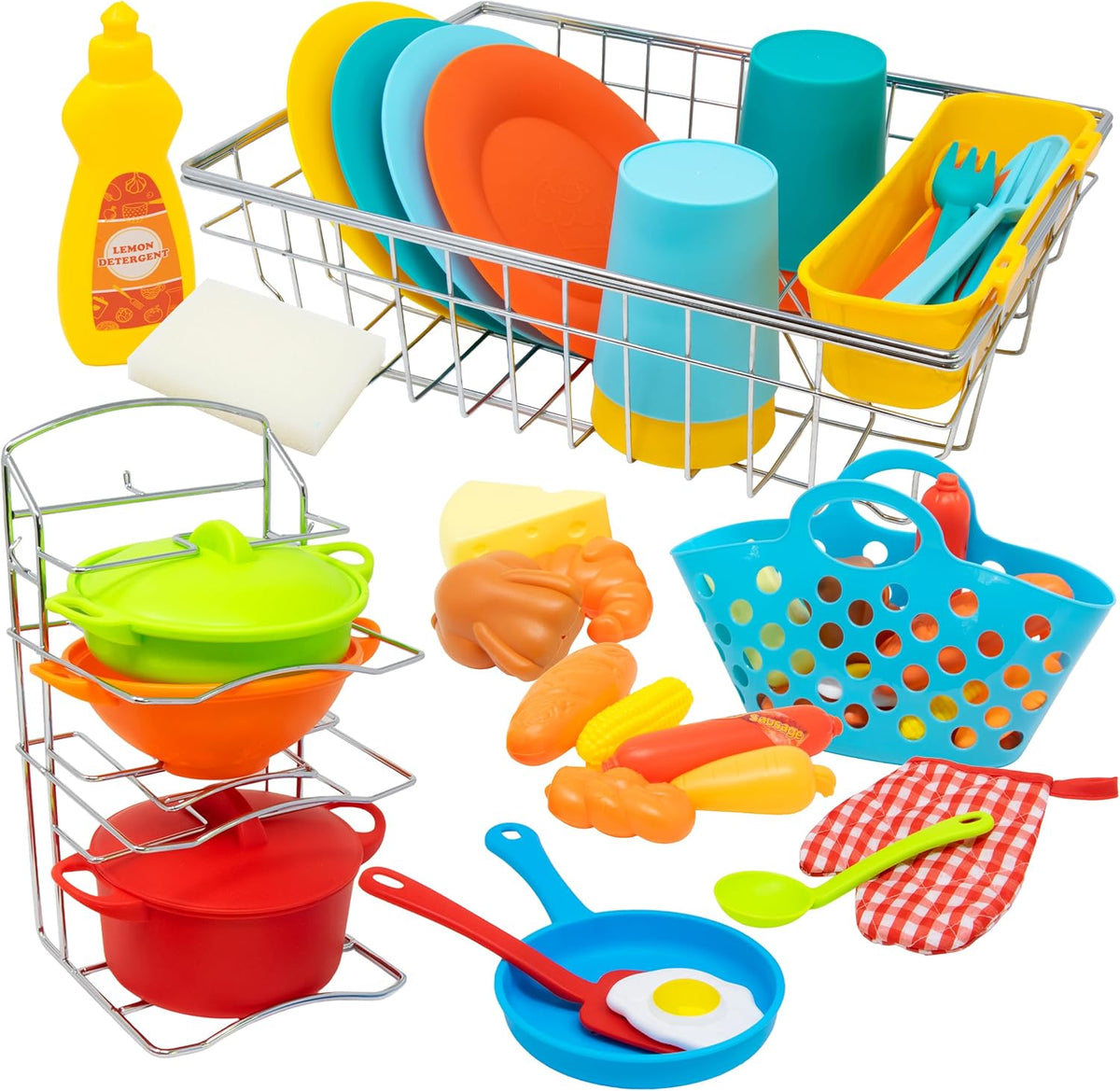 Pots and Pans Playset, Play Dishes Drying Rack, Shopping Basket & Toy Food