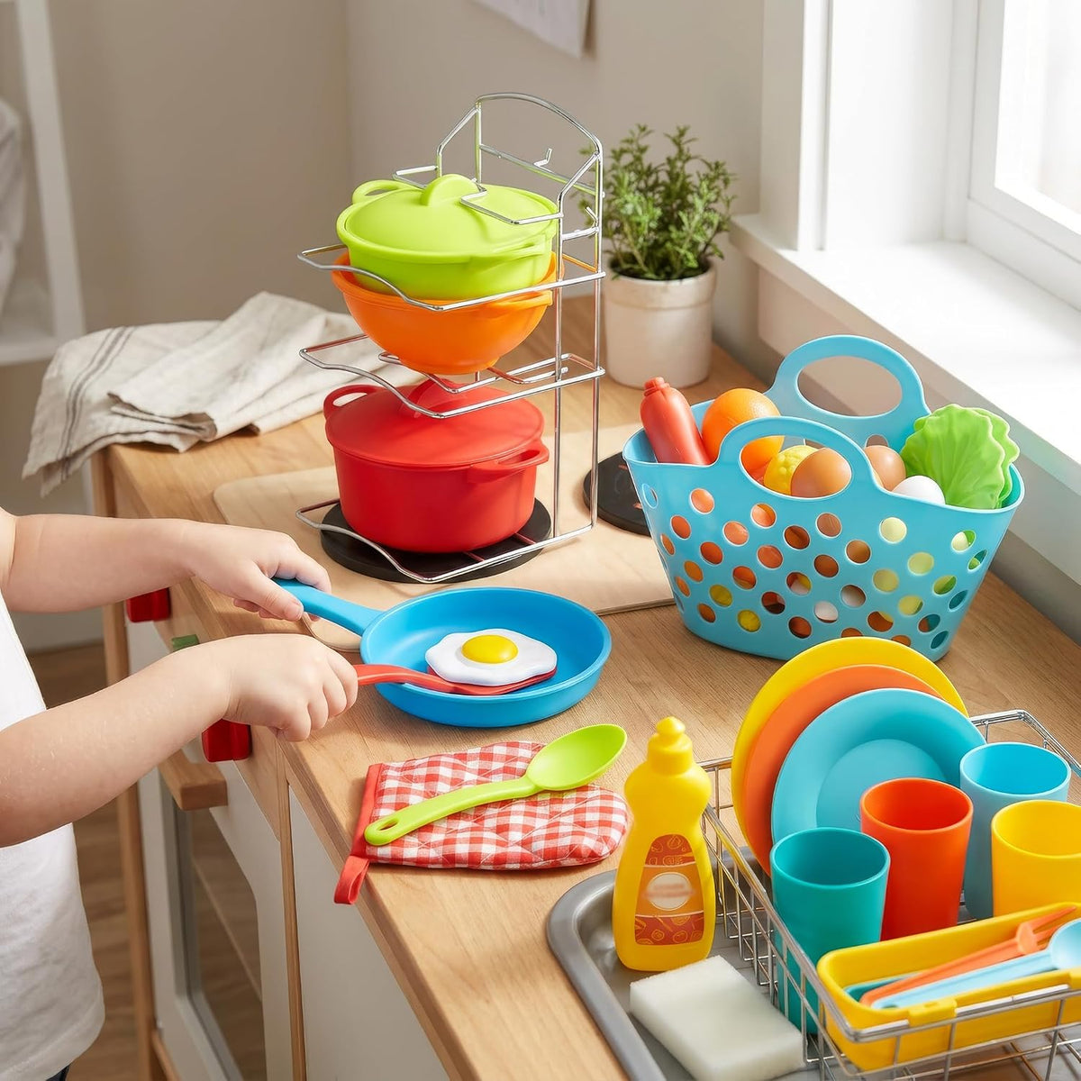 Pots and Pans Playset, Play Dishes Drying Rack, Shopping Basket & Toy Food