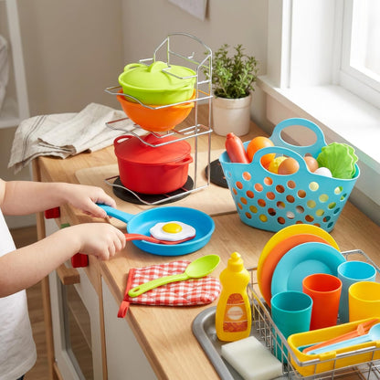 Pots and Pans Playset, Play Dishes Drying Rack, Shopping Basket & Toy Food