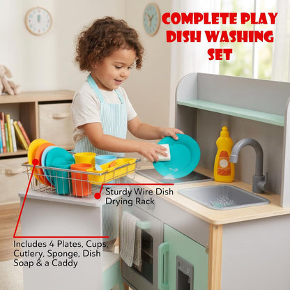 Pots and Pans Playset, Play Dishes Drying Rack, Shopping Basket & Toy Food