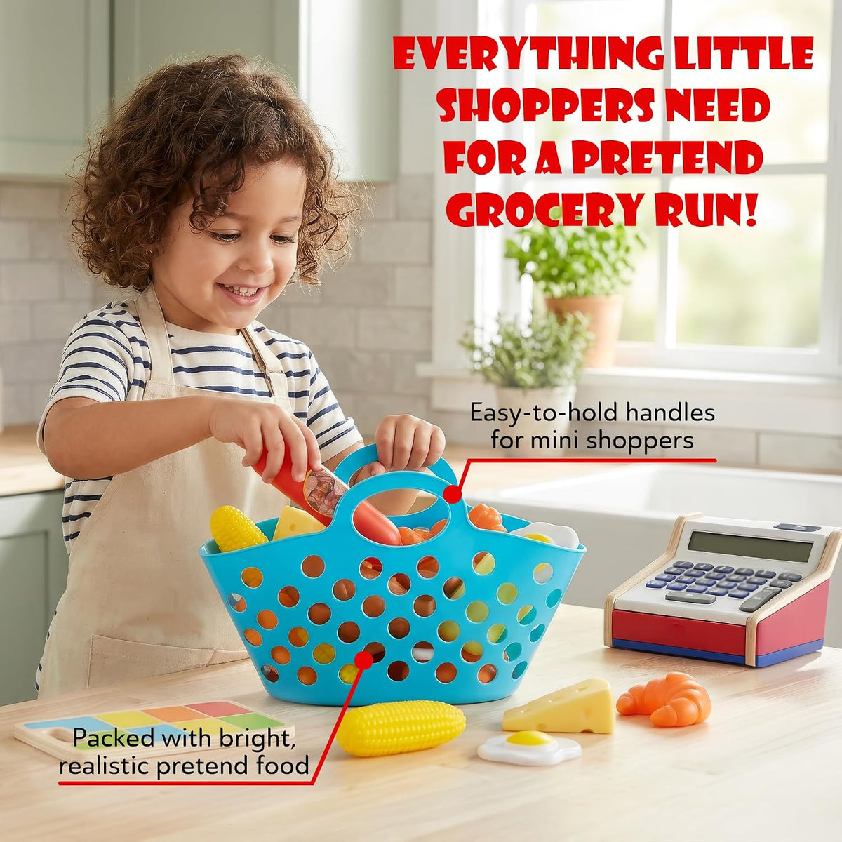 Pots and Pans Playset, Play Dishes Drying Rack, Shopping Basket & Toy Food