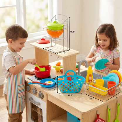 Pots and Pans Playset, Play Dishes Drying Rack, Shopping Basket & Toy Food