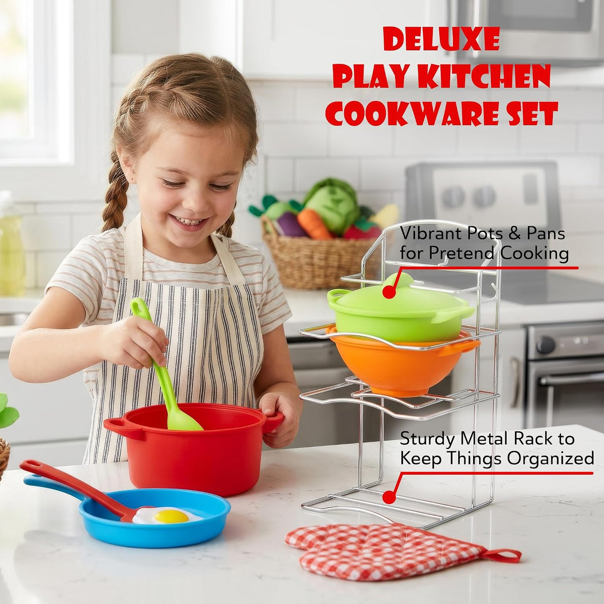 Pots and Pans Playset, Play Dishes Drying Rack, Shopping Basket & Toy Food