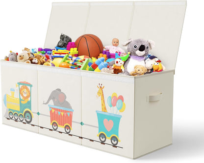 Extra Large Collapsible Sturdy Toy Storage Organizer with Lids, Animal Train Toy Box for Boys Girls, 40"x16"x16", Modern, Beige