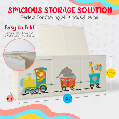 Extra Large Collapsible Sturdy Toy Storage Organizer with Lids, Animal Train Toy Box for Boys Girls, 40"x16"x16", Modern, Beige