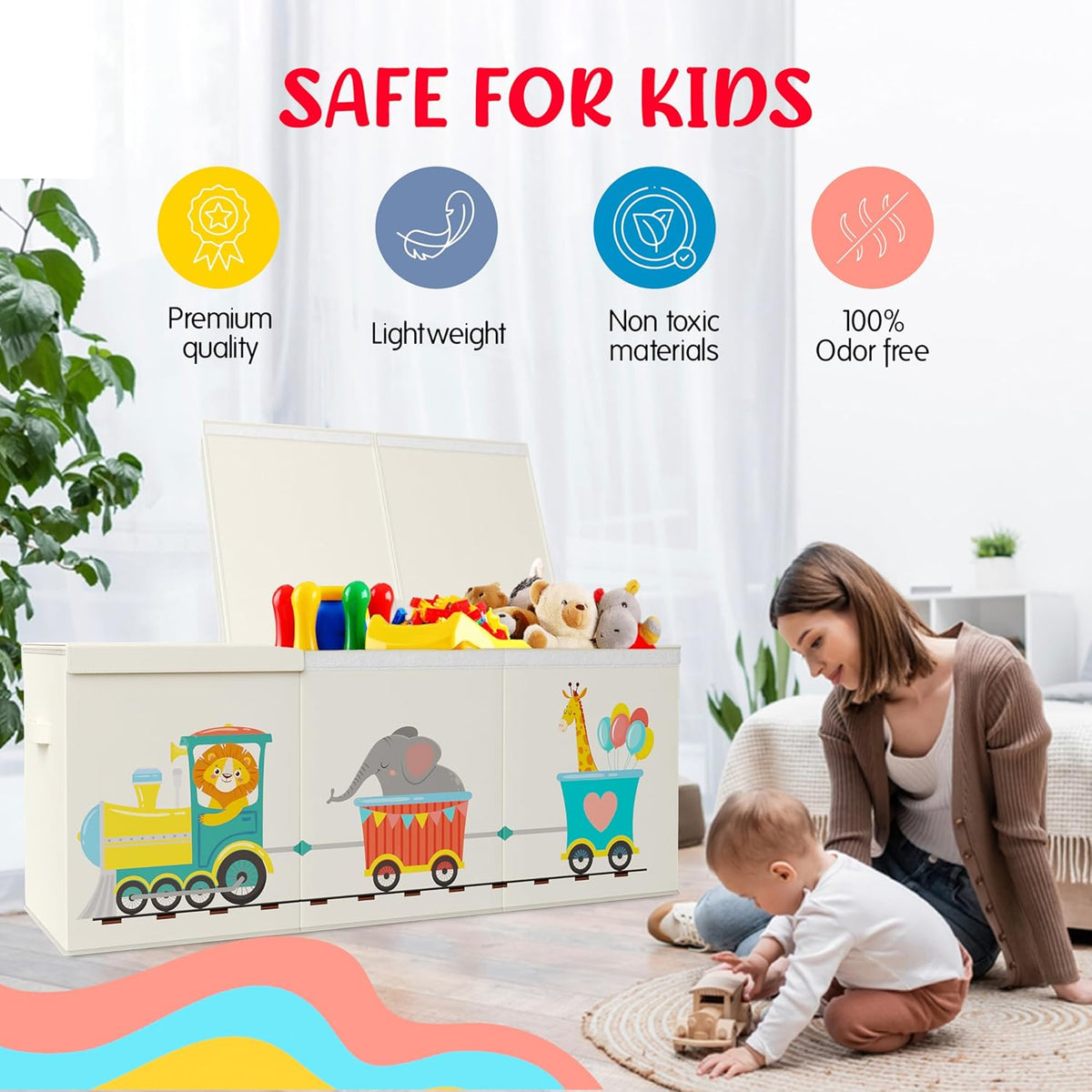 Extra Large Collapsible Sturdy Toy Storage Organizer with Lids, Animal Train Toy Box for Boys Girls, 40"x16"x16", Modern, Beige