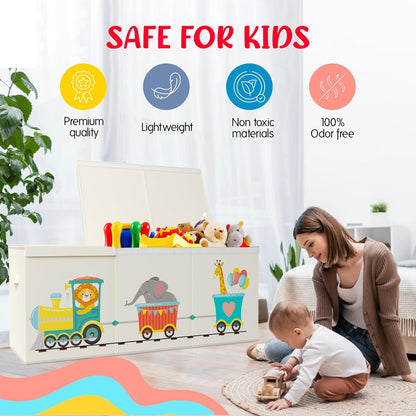 Extra Large Collapsible Sturdy Toy Storage Organizer with Lids, Animal Train Toy Box for Boys Girls, 40"x16"x16", Modern, Beige