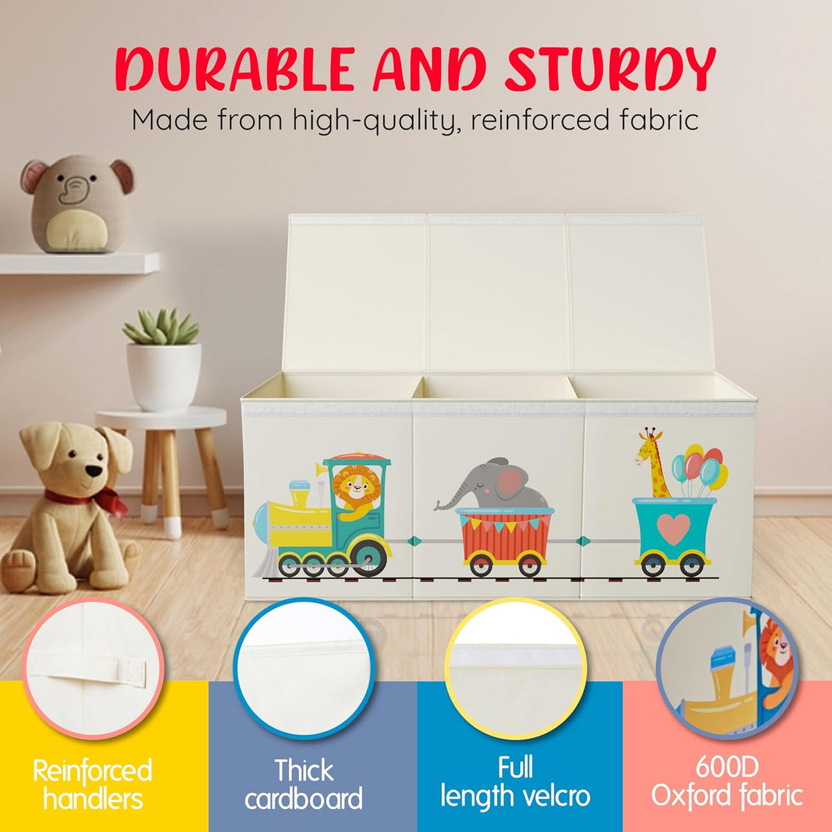 Extra Large Collapsible Sturdy Toy Storage Organizer with Lids, Animal Train Toy Box for Boys Girls, 40"x16"x16", Modern, Beige