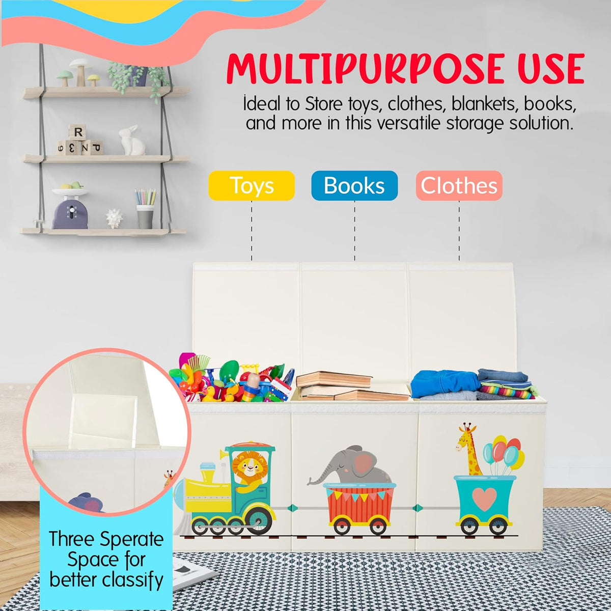 Extra Large Collapsible Sturdy Toy Storage Organizer with Lids, Animal Train Toy Box for Boys Girls, 40"x16"x16", Modern, Beige
