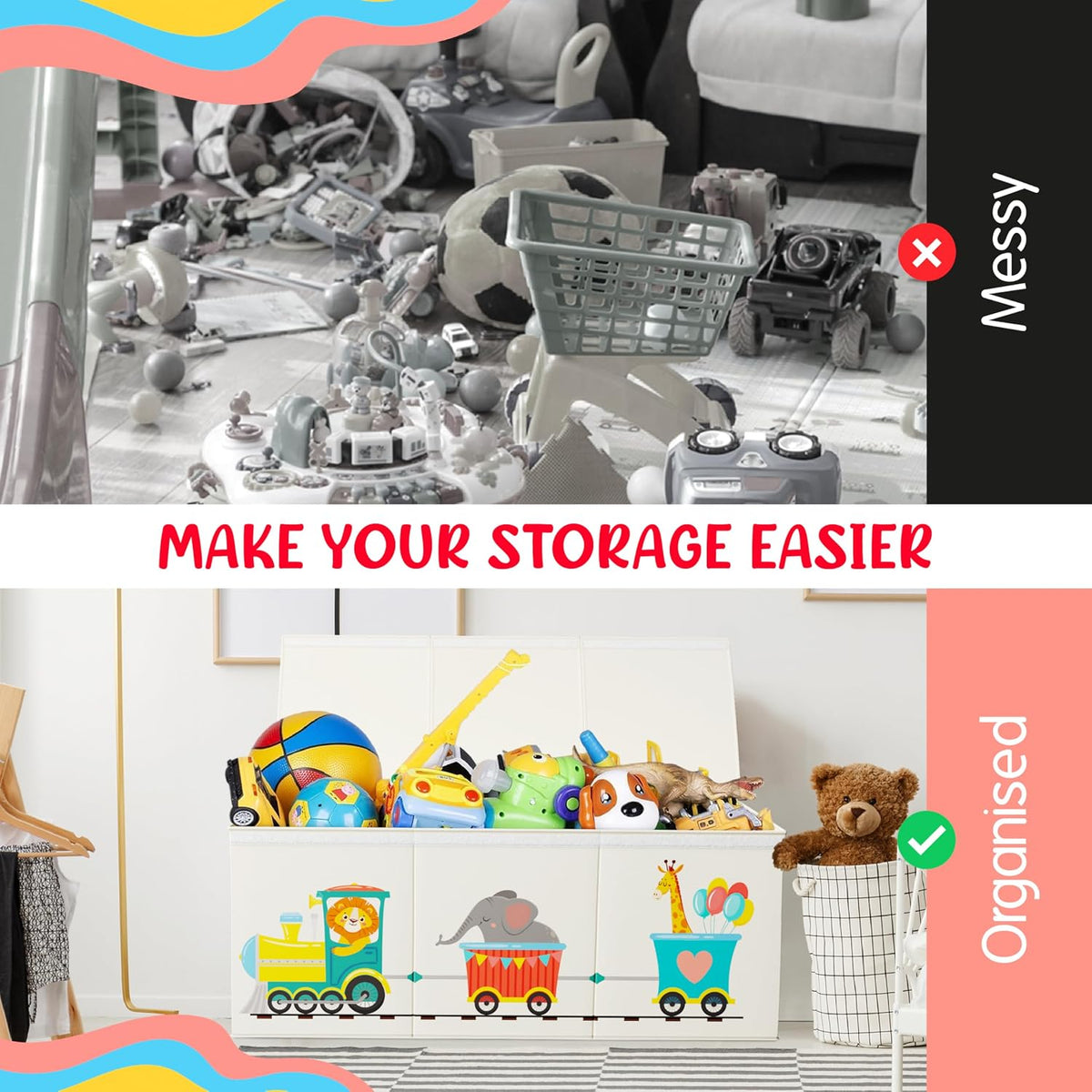 Extra Large Collapsible Sturdy Toy Storage Organizer with Lids, Animal Train Toy Box for Boys Girls, 40"x16"x16", Modern, Beige