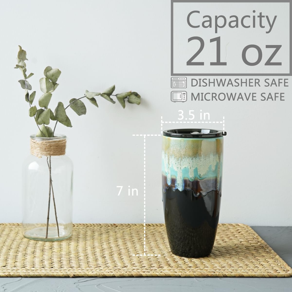 Ceramic Travel Coffee Cup with Lid, 21 oz, Portable Coffee Mug for Car Cup Holder, Microwave Safe, Reactive Glaze (Grey)