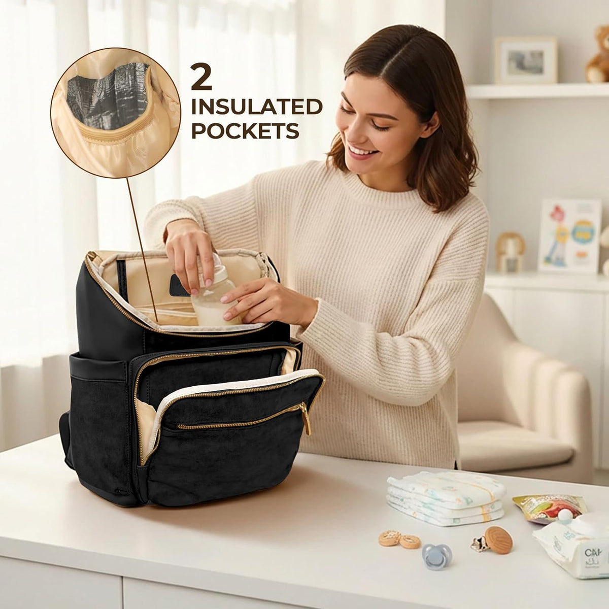 Diaper Bag Backpack Suede Baby Backpack with Changing Pad