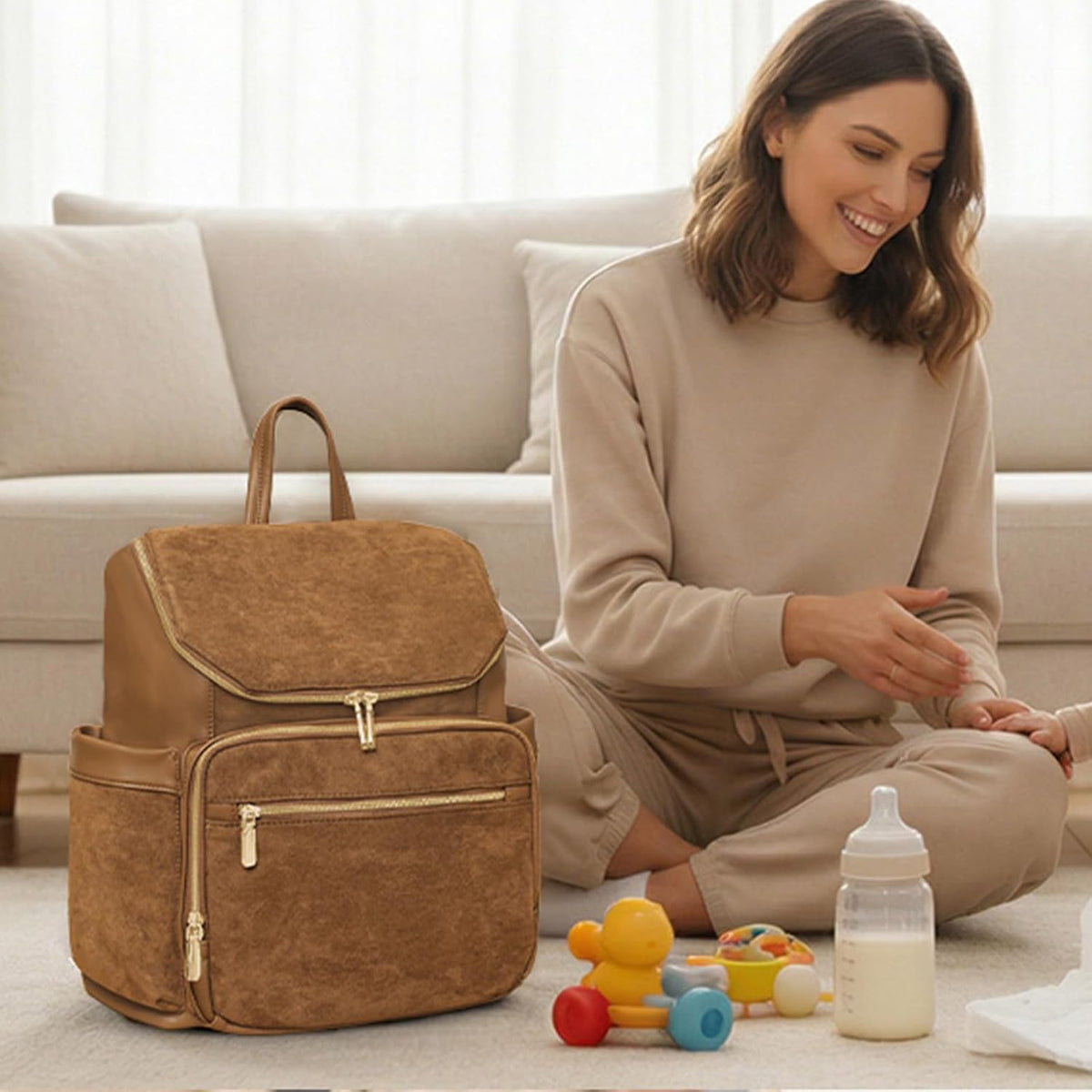 Diaper Bag Backpack Suede Baby Backpack with Changing Pad