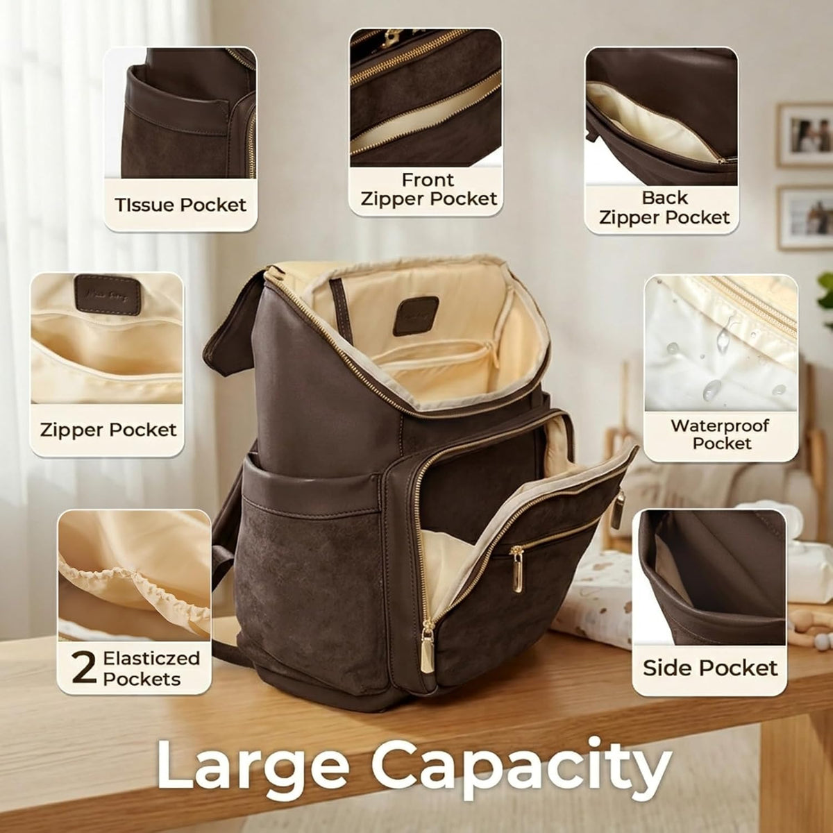 Diaper Bag Backpack Suede Baby Backpack with Changing Pad