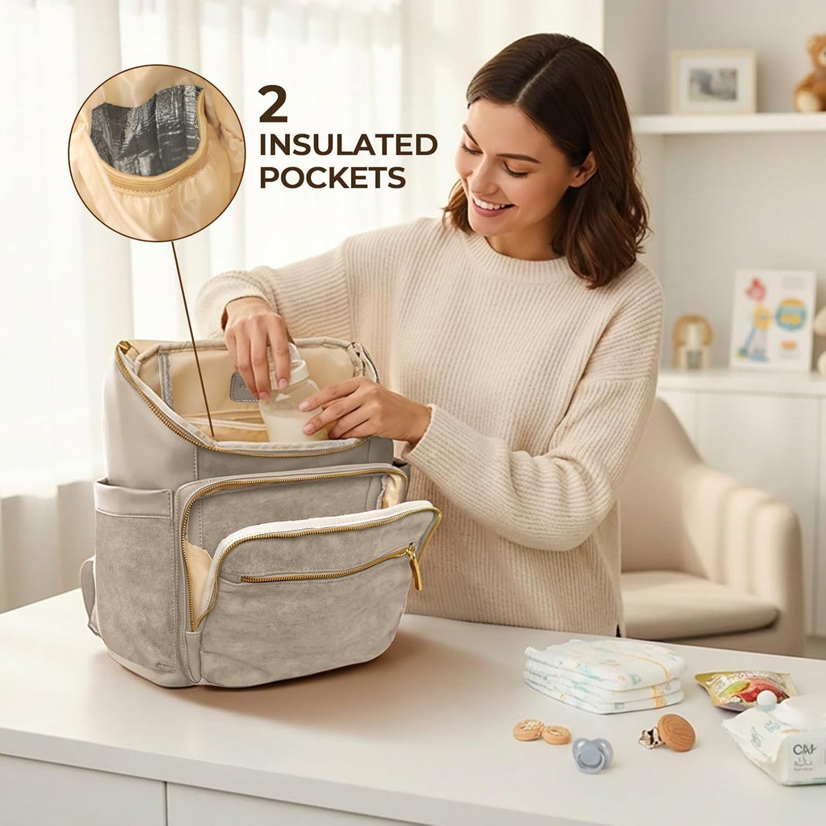 Diaper Bag Backpack Suede Baby Backpack with Changing Pad