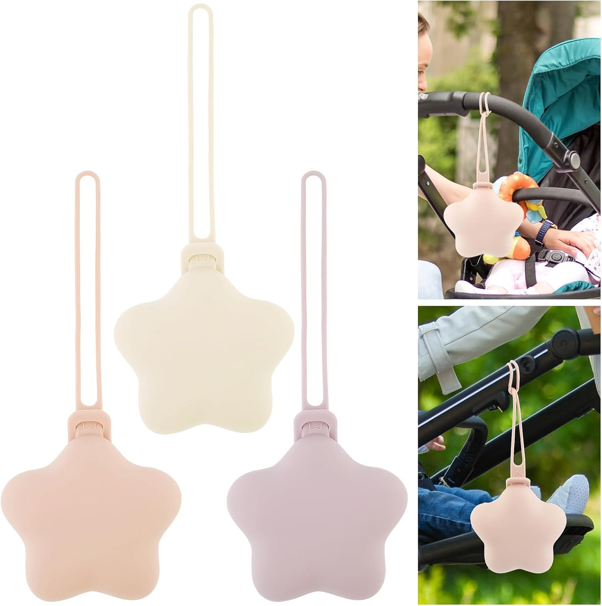 3Pcs Pacifier Holder Case, Safe and Soft Material Pacifier Pouch, Food Grade Silicone Pacifier Case, Star Shape, Protective Pacifier Storage Case for Diaper Bag Stroller (Style 1)