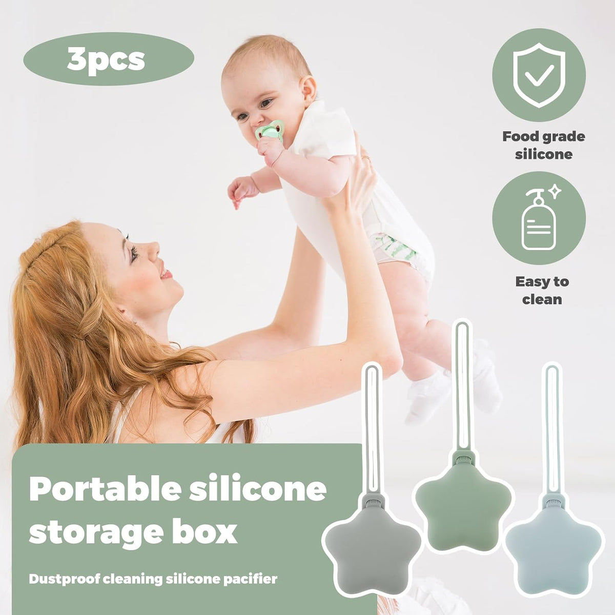3Pcs Pacifier Holder Case, Safe and Soft Material Pacifier Pouch, Food Grade Silicone Pacifier Case, Star Shape, Protective Pacifier Storage Case for Diaper Bag Stroller (Style 1)