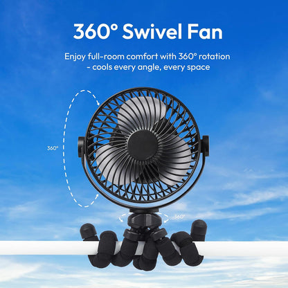 Flexi Tripod Fan – Portable USB-C Rechargeable Stroller, 4-Speed Quiet Mini size with 360° Rotation for Travel, Gym, Desk