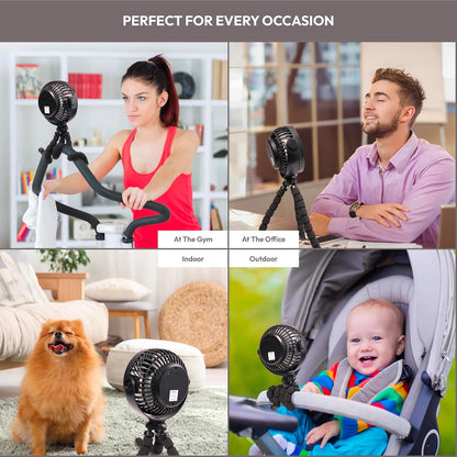 Flexi Tripod Fan – Portable USB-C Rechargeable Stroller, 4-Speed Quiet Mini size with 360° Rotation for Travel, Gym, Desk