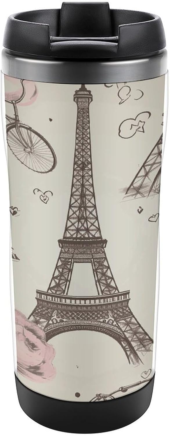 13oz Insulated Travel Coffee Mug Reusable Coffee Cup Water Bottle | The Eiffel Tower And A Bicycle Travel Mug with Leak Proof Lid Double Wall Stainless Steel Coffee Tumbler Personalized Gift
