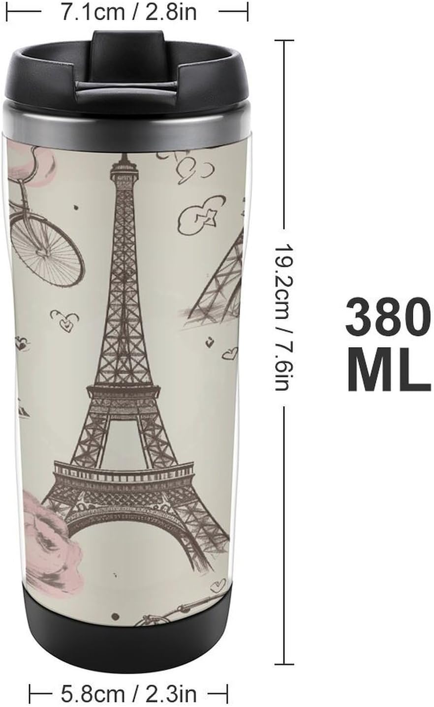 13oz Insulated Travel Coffee Mug Reusable Coffee Cup Water Bottle | The Eiffel Tower And A Bicycle Travel Mug with Leak Proof Lid Double Wall Stainless Steel Coffee Tumbler Personalized Gift