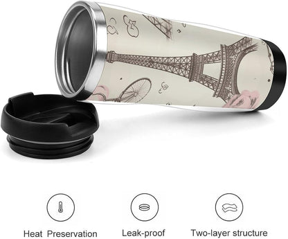 13oz Insulated Travel Coffee Mug Reusable Coffee Cup Water Bottle | The Eiffel Tower And A Bicycle Travel Mug with Leak Proof Lid Double Wall Stainless Steel Coffee Tumbler Personalized Gift