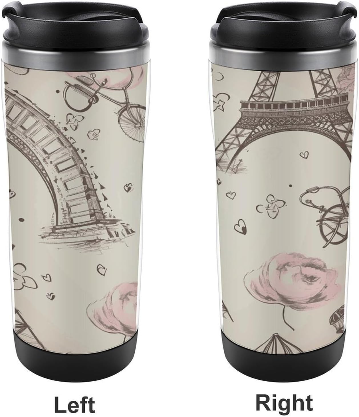 13oz Insulated Travel Coffee Mug Reusable Coffee Cup Water Bottle | The Eiffel Tower And A Bicycle Travel Mug with Leak Proof Lid Double Wall Stainless Steel Coffee Tumbler Personalized Gift