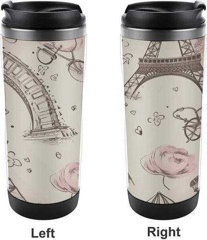 13oz Insulated Travel Coffee Mug Reusable Coffee Cup Water Bottle | The Eiffel Tower And A Bicycle Travel Mug with Leak Proof Lid Double Wall Stainless Steel Coffee Tumbler Personalized Gift