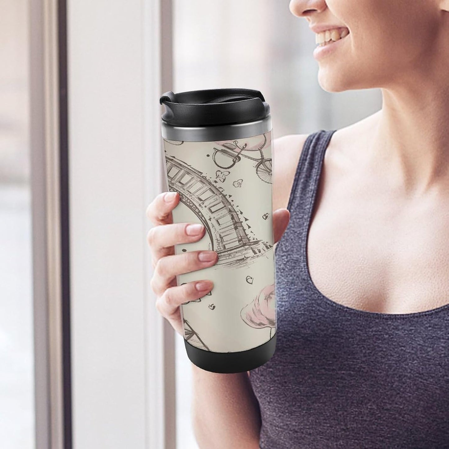 13oz Insulated Travel Coffee Mug Reusable Coffee Cup Water Bottle | The Eiffel Tower And A Bicycle Travel Mug with Leak Proof Lid Double Wall Stainless Steel Coffee Tumbler Personalized Gift
