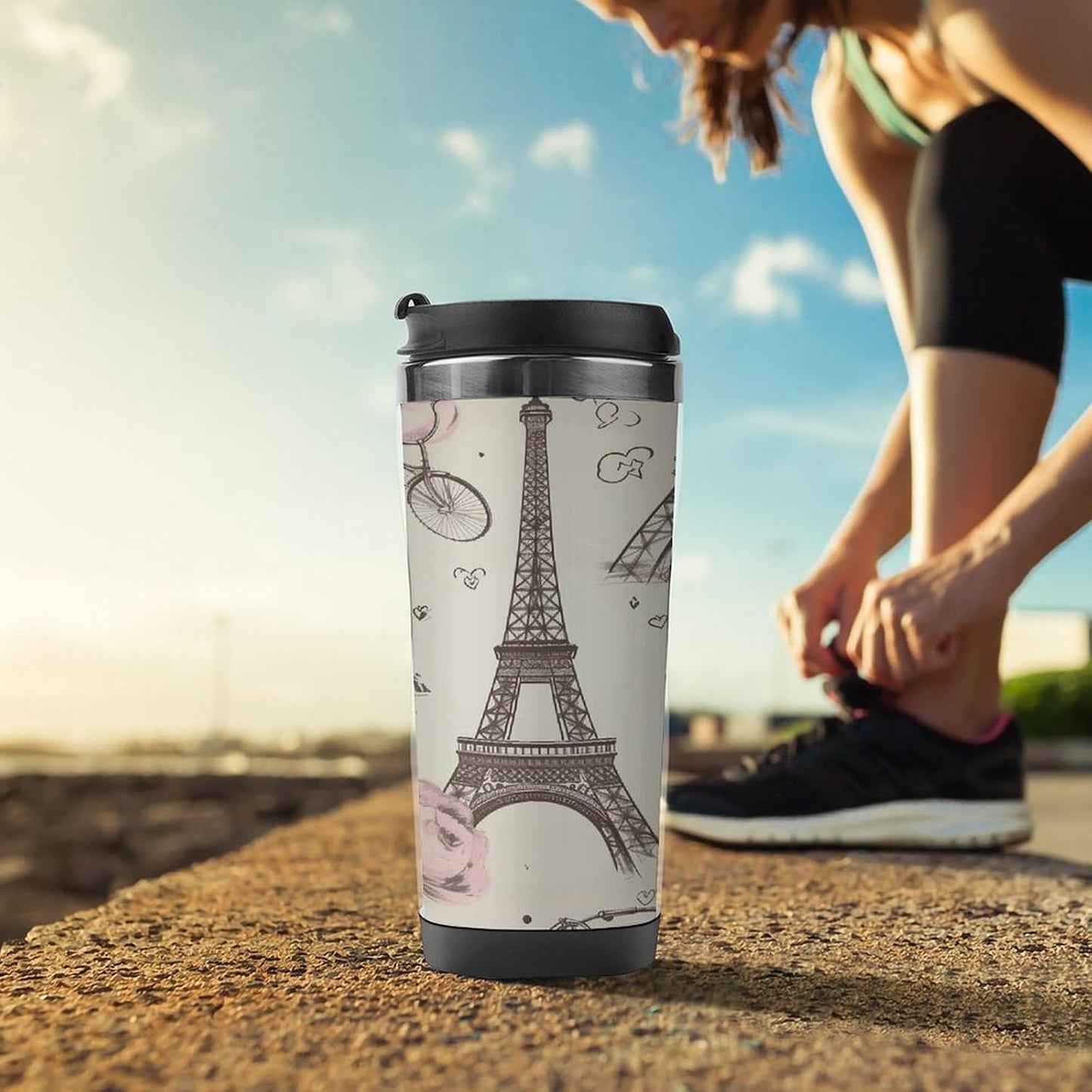 13oz Insulated Travel Coffee Mug Reusable Coffee Cup Water Bottle | The Eiffel Tower And A Bicycle Travel Mug with Leak Proof Lid Double Wall Stainless Steel Coffee Tumbler Personalized Gift