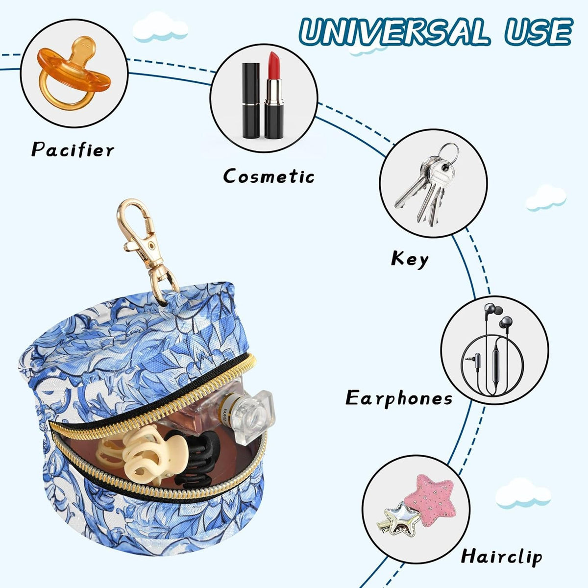 Blue Floral Pattern Baby Pacifier Holder Case, Dustproof Portable Storage Box for Diaper Bag Purse, Pacifier Storage Container for Boys & Girls